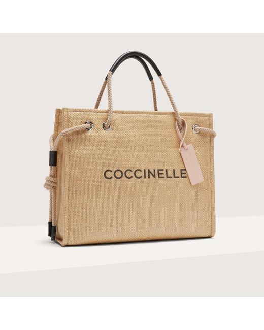 Coccinelle Natural Henkeltasche aus Bast Never Without Bag Straw Logo Print Large