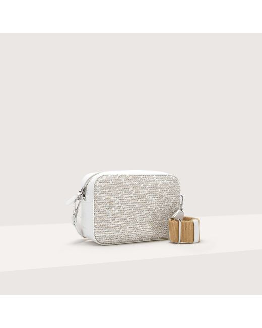 Coccinelle White Laminated Bouclé Fabric Crossbody Bag Tebe Snowflakes Woven