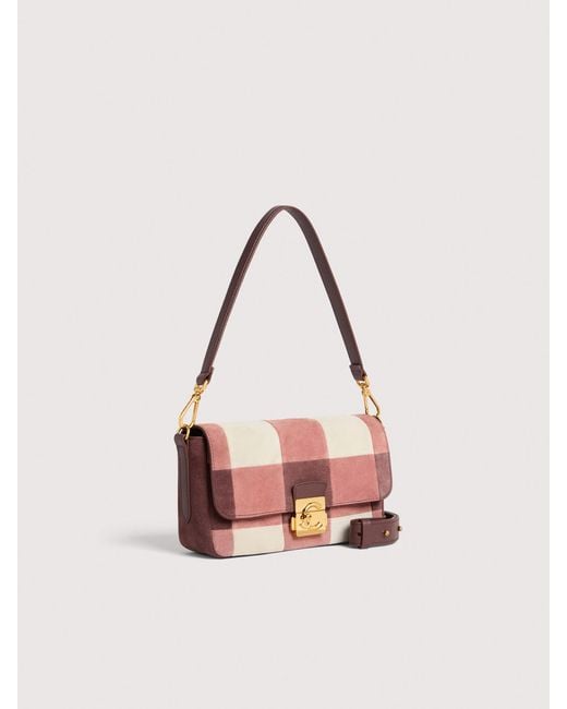 Coccinelle Pink Suede Shoulder Bag With Patchwork Vichy Detailing C-Me Lock Medium