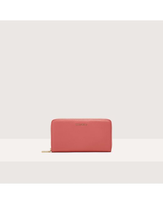 Coccinelle Red Große Brieftasche aus genarbtem Leder mit umlaufendem Reißverschluss Metallic Soft