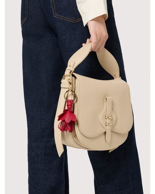 Coccinelle Green Grained Leather Key Ring Flowers