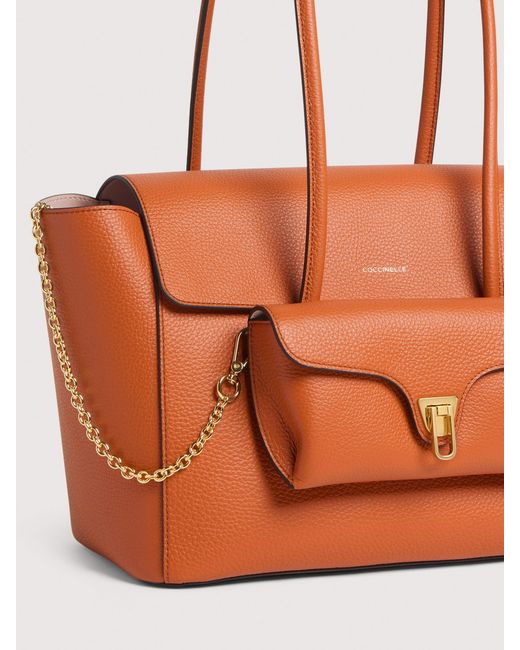 Coccinelle Orange Grained Leather Tote Bag Double Beat Large