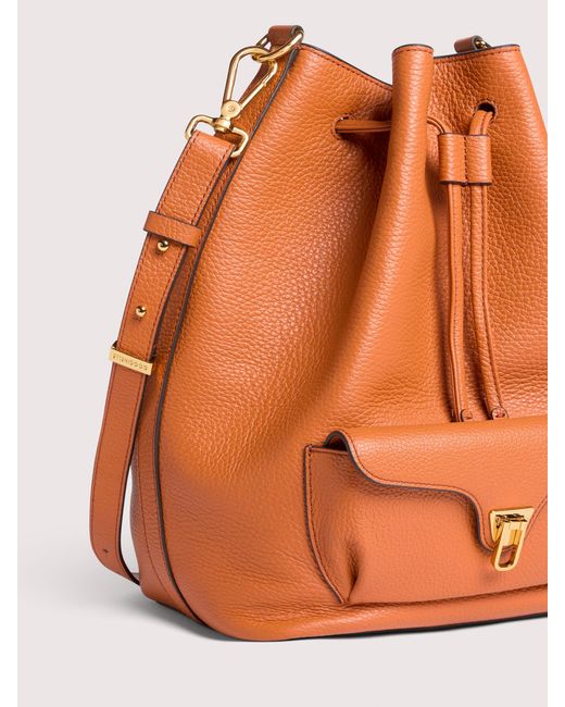 Coccinelle Orange Grained Leather Bucket Bag Beat Generation Large