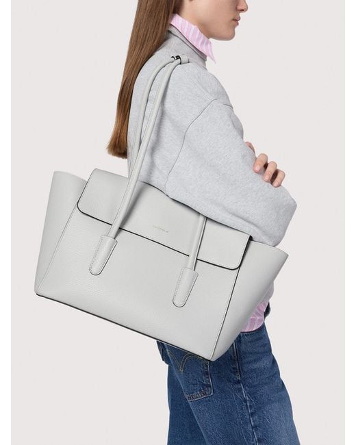 Coccinelle White Grained Leather Tote Bag Double Beat Medium