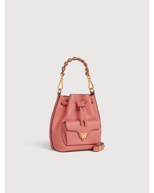 Coccinelle Pink Grained Leather Bucket Bag Beat Generation Small