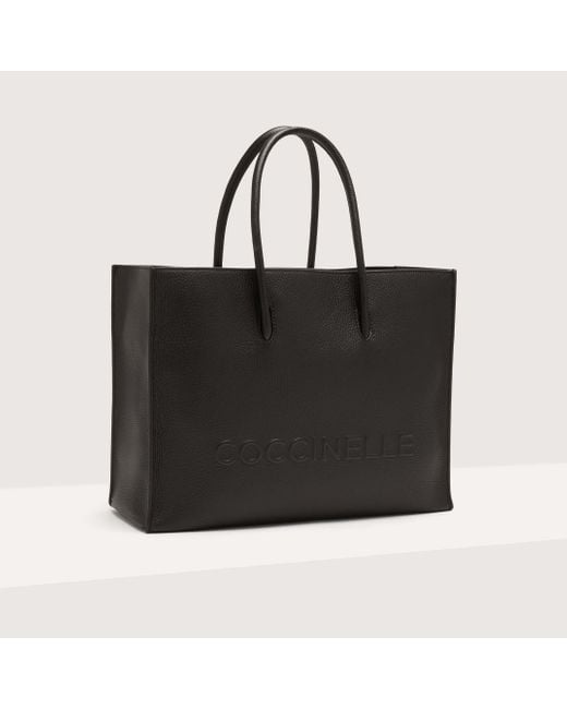 Coccinelle Black Grained Leather Handbag Myrtha Maxi Logo Medium