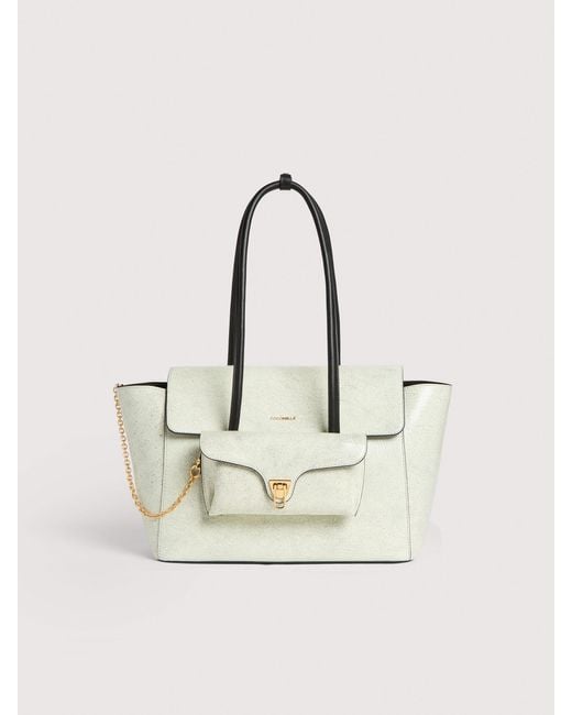 Coccinelle Natural Craquelé-Effect Leather And Smooth Leather Tote Bag Double Beat Craquelè Medium