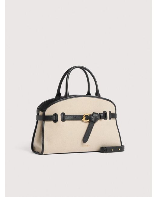 Coccinelle Natural Canvas And Micro Grained Leather Handbag Sabine Medium