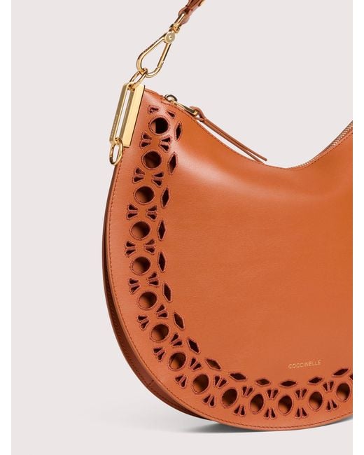 Coccinelle Orange Smooth Cowhide-Effect Leather Shoulder Bag With Broderie Anglaise Monogram Detailing Sunup Medium