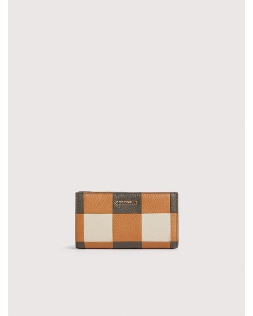 Coccinelle Natural Grained Leather Wallet With Patchwork Vichy Detailing Metallic Large