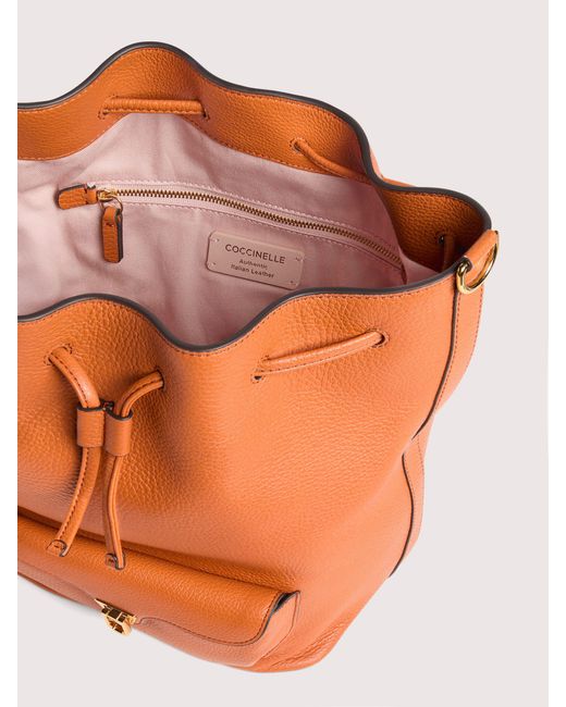 Coccinelle Orange Grained Leather Bucket Bag Beat Generation Large