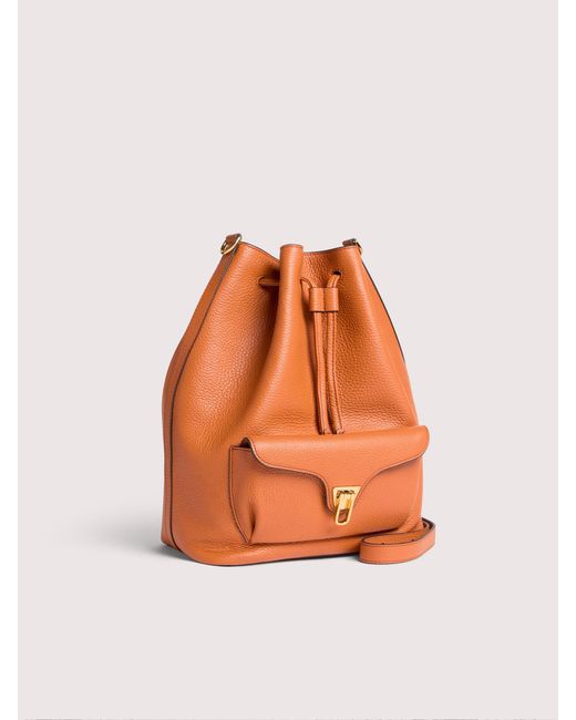 Coccinelle Orange Grained Leather Bucket Bag Beat Generation Large