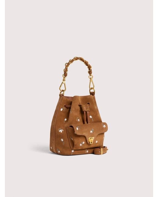Coccinelle Multicolor Suede Bucket Bag With Embroidered Floral Pattern Beat Generation Small