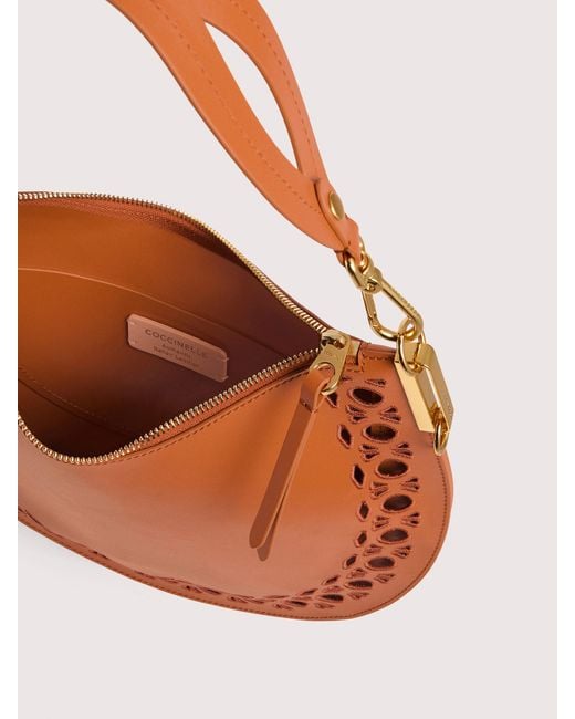 Coccinelle Orange Smooth Cowhide-Effect Leather Shoulder Bag With Broderie Anglaise Monogram Detailing Sunup Medium