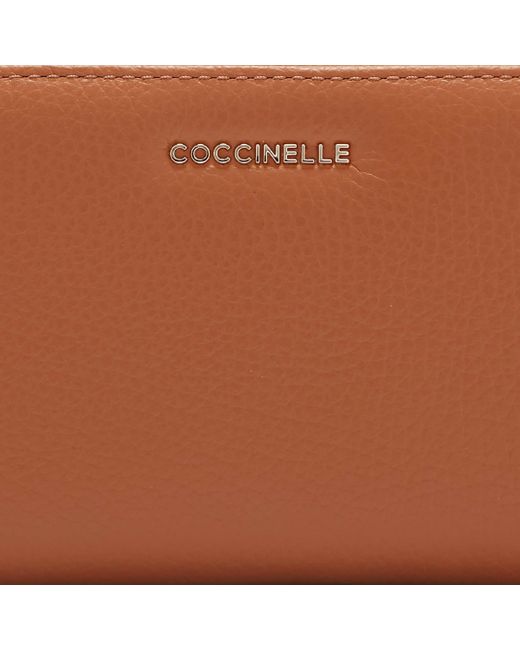 Coccinelle Brown Große Brieftasche aus genarbtem Leder mit umlaufendem Reißverschluss Metallic Soft