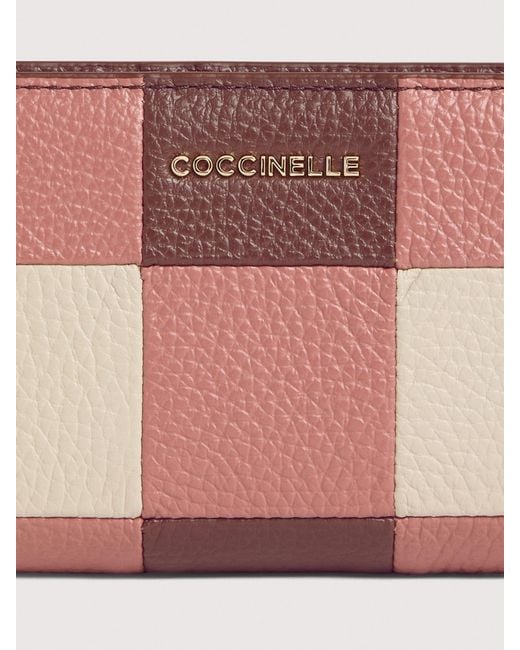 Coccinelle Pink Grained Leather Wallet With Patchwork Vichy Detailing Metallic Large