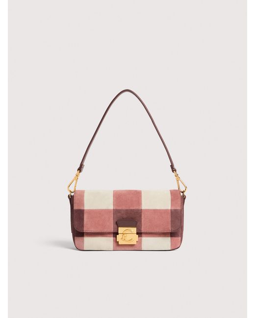 Coccinelle Pink Suede Shoulder Bag With Patchwork Vichy Detailing C-Me Lock Medium