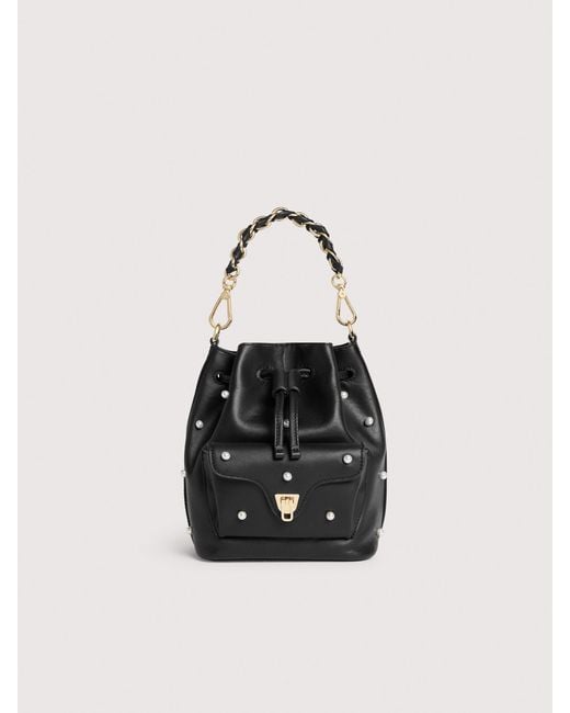 Coccinelle Black Smooth Leather Bucket Bag With Pearls Beat Generation Small