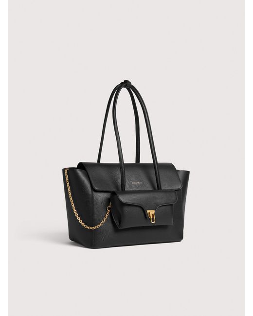 Coccinelle Black Grained Leather Tote Bag Double Beat Medium