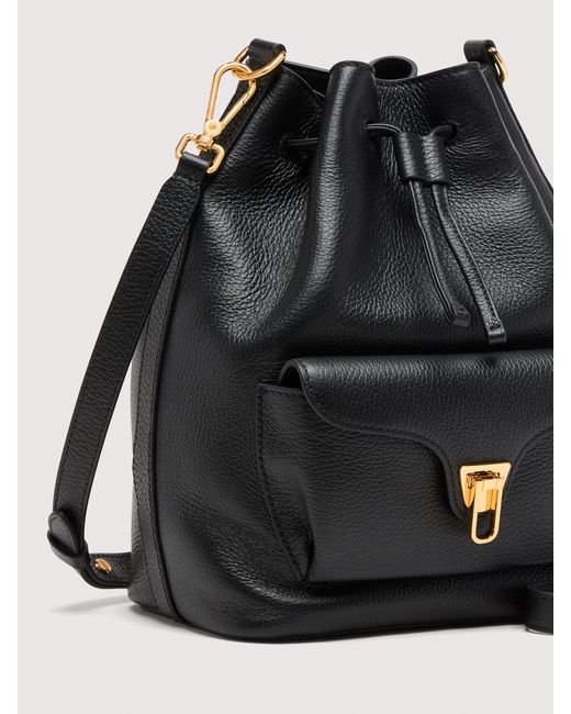 Coccinelle Black Grained Leather Bucket Bag Beat Generation Medium