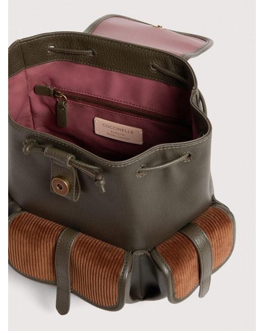 Coccinelle Natural Waxed Fabric, Grained Leather And Corduroy Fabric Backpack Mavery Pocket Medium