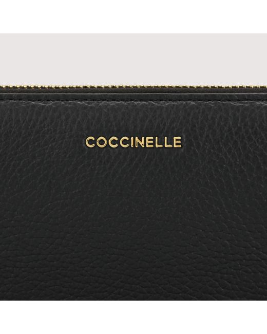 Coccinelle Black Große Brieftasche aus genarbtem Leder mit umlaufendem Reißverschluss Metallic Soft