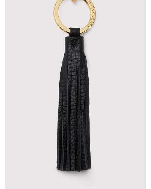 Coccinelle Blue Grained Leather And Metal Key Ring Tassel