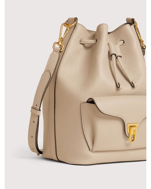 Coccinelle Natural Grained Leather Bucket Bag Beat Generation Medium