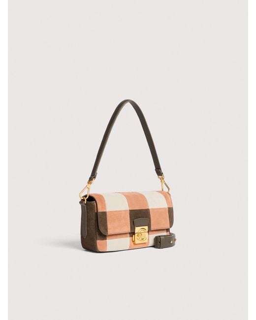 Coccinelle White Suede Shoulder Bag With Patchwork Vichy Detailing C-Me Lock Medium