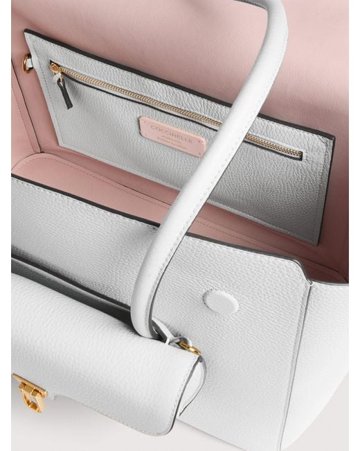 Coccinelle White Grained Leather Tote Bag Double Beat Medium