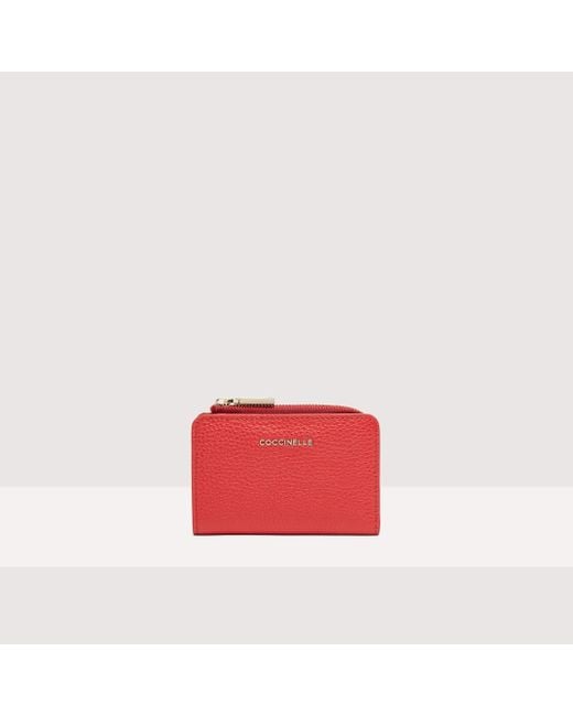 Coccinelle Red Grainy Leather Card Holder Metallic Soft