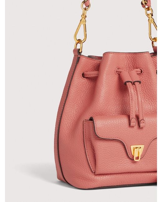 Coccinelle Pink Grained Leather Bucket Bag Beat Generation Small