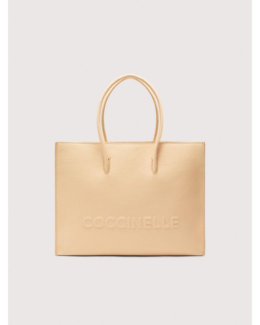 Coccinelle Natural Henkeltasche Aus Genarbtem Leder Myrtha Maxi Logo Medium