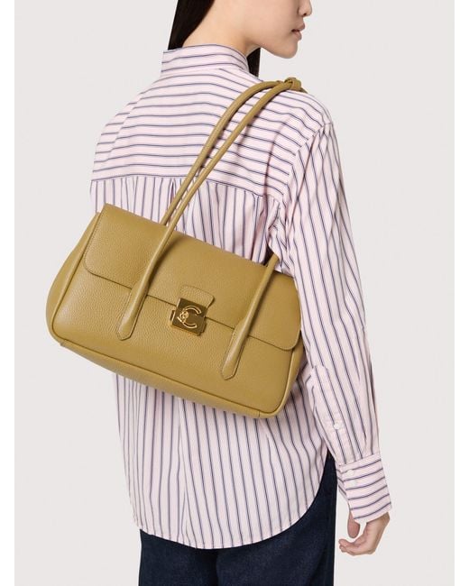 Coccinelle Natural Grained Leather Shoulder Bag C-Me Lock Large