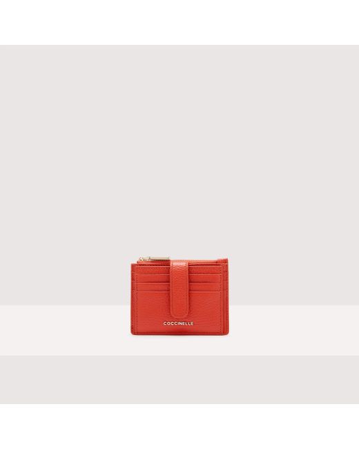 Coccinelle Red Grained Leather Card Holder Metallic Soft