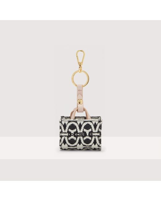 Coccinelle White Jacquard Monogram Fabric And Metal Key Ring Micro Never Without Bag Monogram