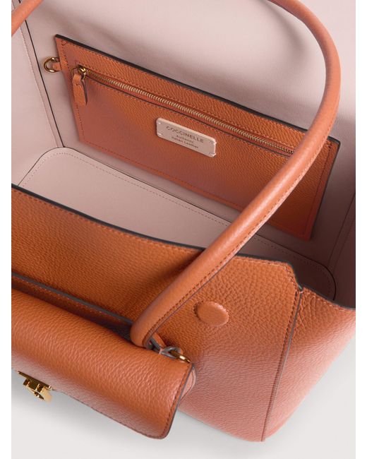 Coccinelle Orange Grained Leather Tote Bag Double Beat Large