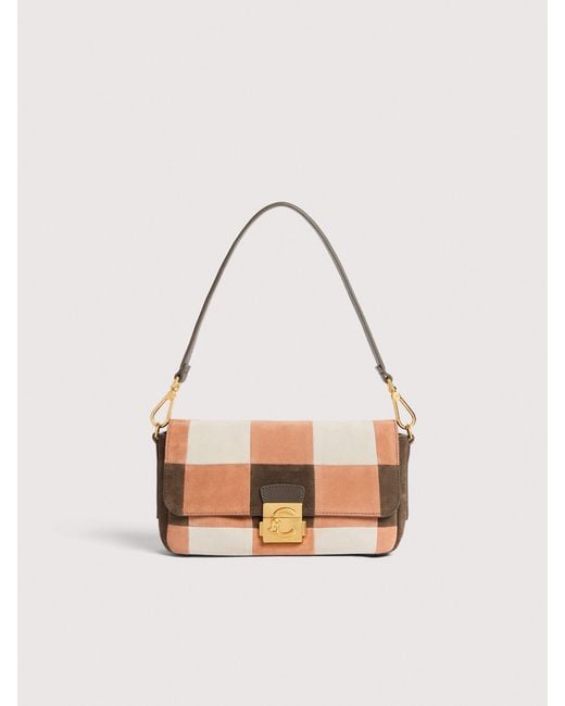 Coccinelle White Suede Shoulder Bag With Patchwork Vichy Detailing C-Me Lock Medium