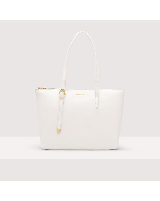 Coccinelle White Grained Leather Tote Bag Gleen Medium