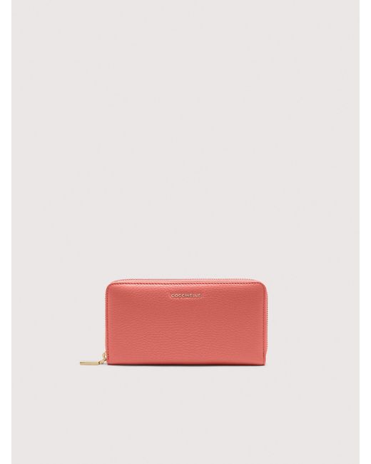 Coccinelle Pink Große Brieftasche Aus Genarbtem Leder Mit Umlaufendem Reißverschluss Metallic Soft