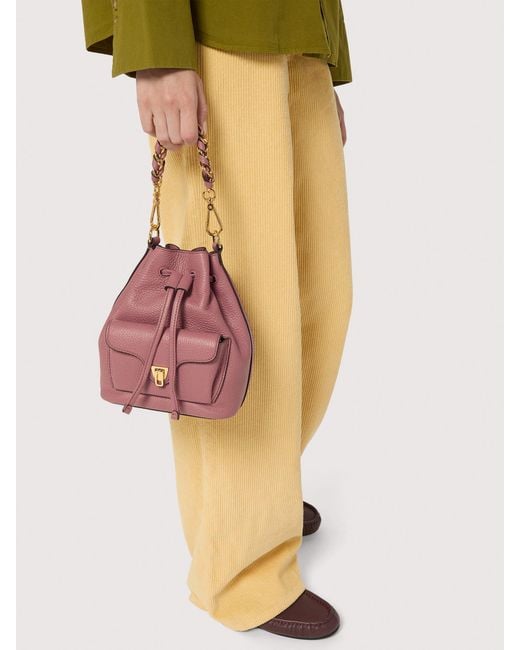 Coccinelle Pink Grained Leather Bucket Bag Beat Generation Small