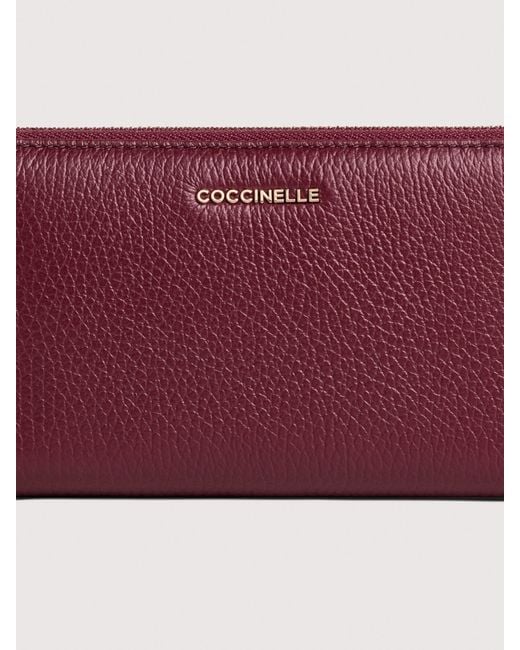 Coccinelle Purple Große Brieftasche Aus Genarbtem Leder Mit Umlaufendem Reißverschluss Metallic Soft