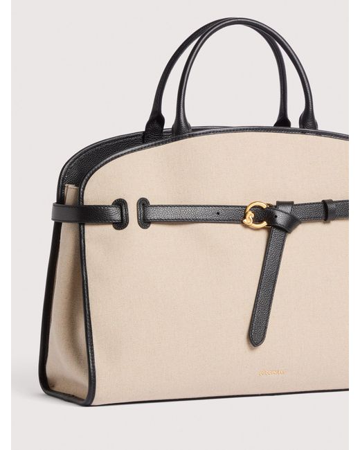 Coccinelle Natural Canvas And Micro Grained Leather Handbag Sabine Large