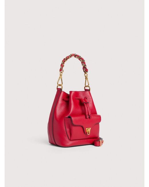 Coccinelle Red Grained Leather Bucket Bag Beat Generation Small