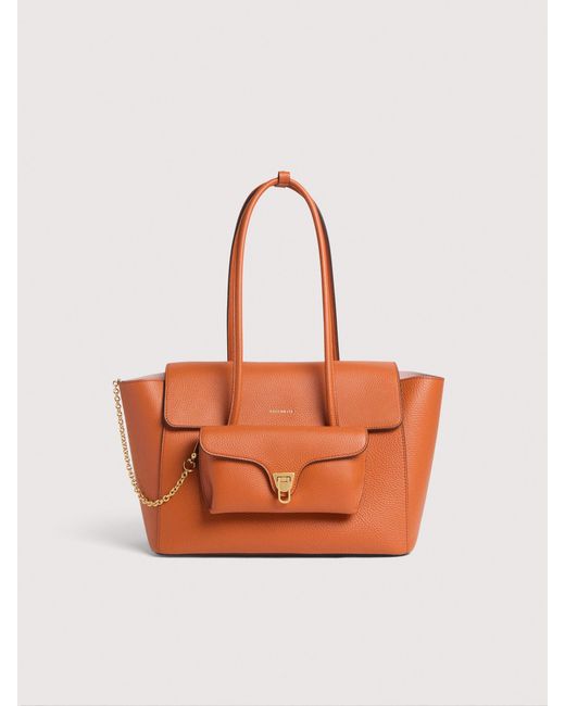 Coccinelle Orange Grained Leather Tote Bag Double Beat Large