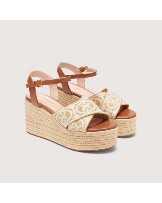 Coccinelle Metallic Jacquard Fabric And Smooth Leather Wedge Sandals Monogram Ribbon