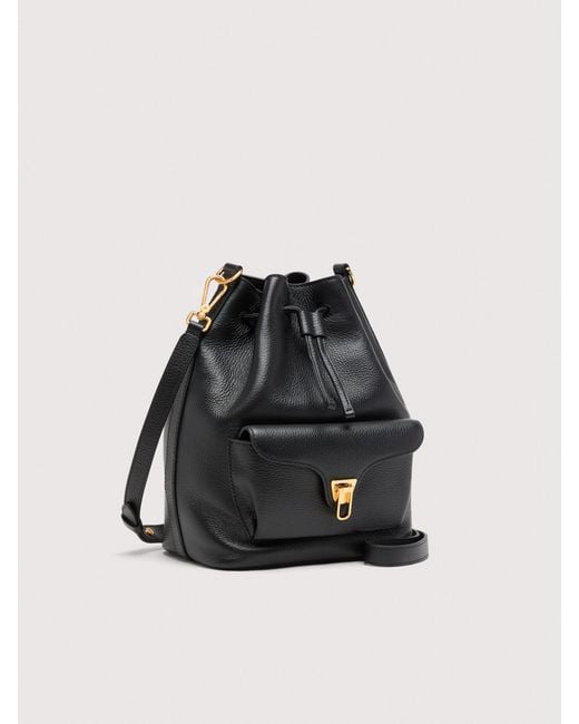 Coccinelle Black Grained Leather Bucket Bag Beat Generation Medium