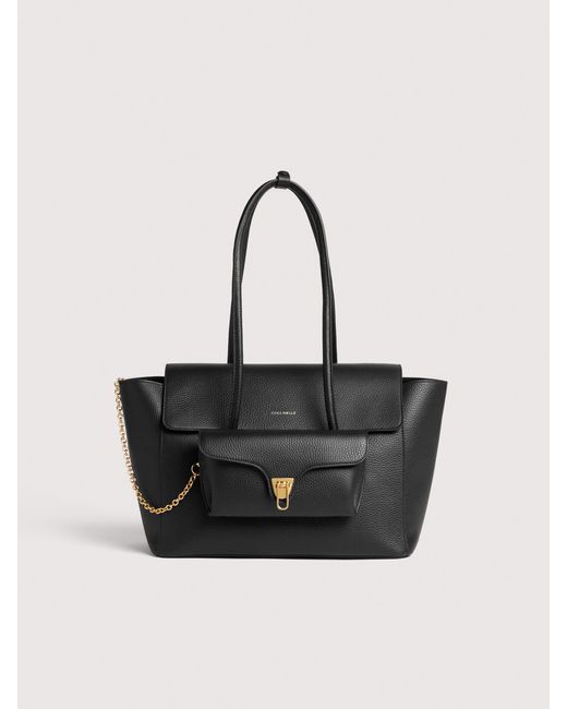 Coccinelle Black Grained Leather Tote Bag Double Beat Medium
