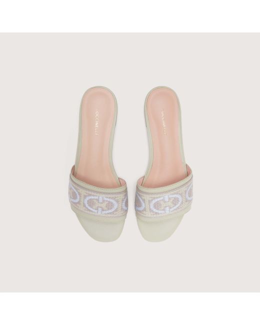 Coccinelle White Jacquard Fabric And Smooth Leather Low-Heeled Sandals Monogram Ribbon