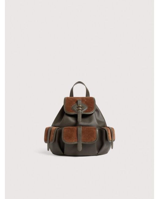 Coccinelle Natural Waxed Fabric, Grained Leather And Corduroy Fabric Backpack Mavery Pocket Medium